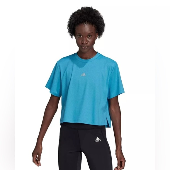 adidas Tops - NWT Adidas Zoe Saldana Women's Aqua Blue Short Sleeve Slit T-Shirt Large